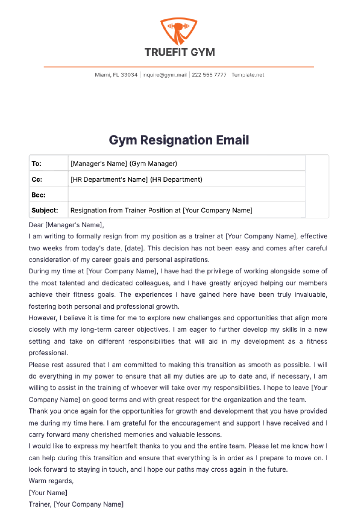 Gym Resignation Email Template