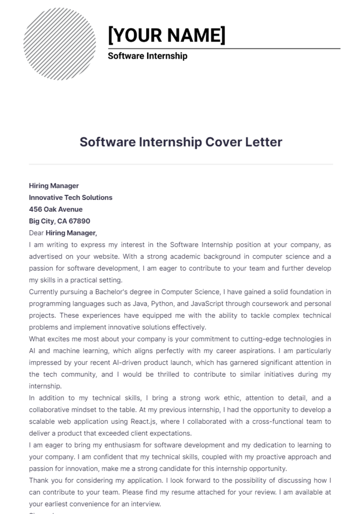 Software Internship Cover Letter - Edit Online & Download