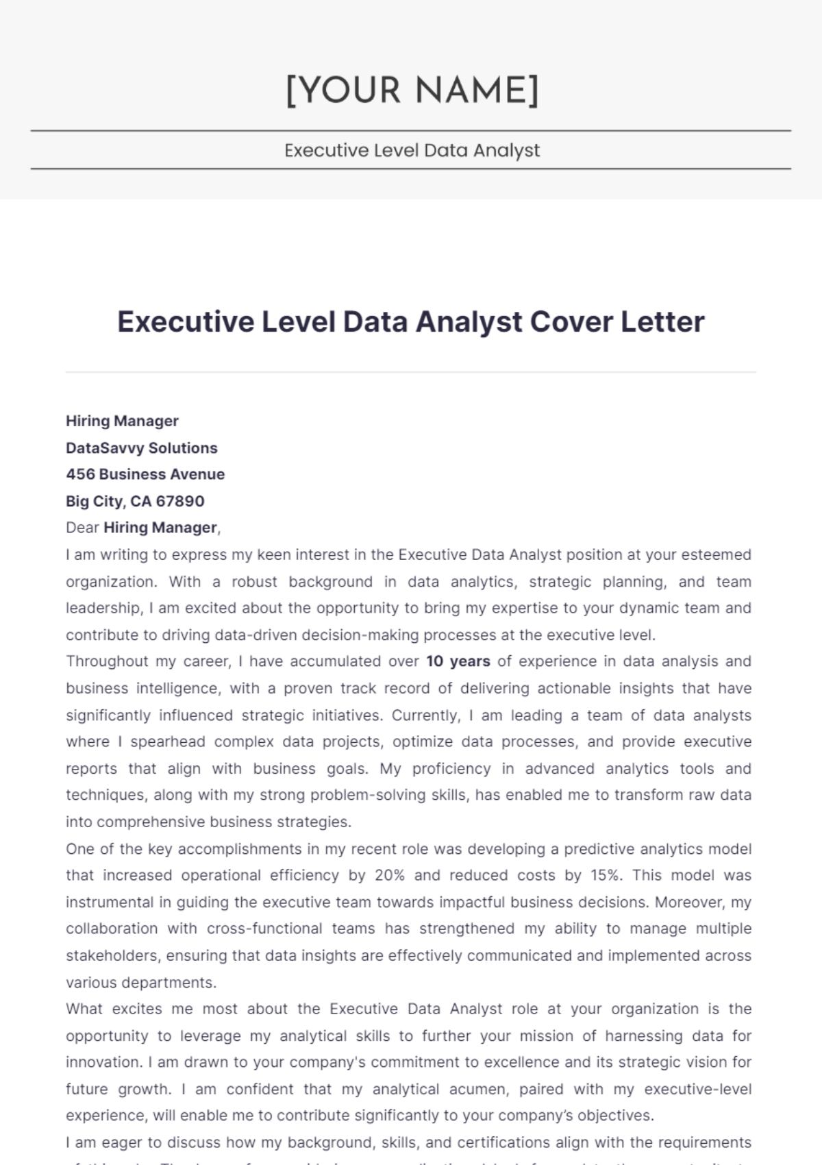 Executive Level Data Analyst Cover Letter - Edit Online & Download