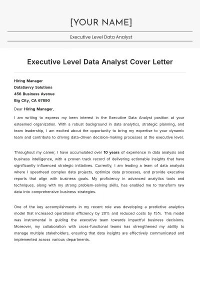 Free Executive Level Data Analyst Cover Letter to Edit Online