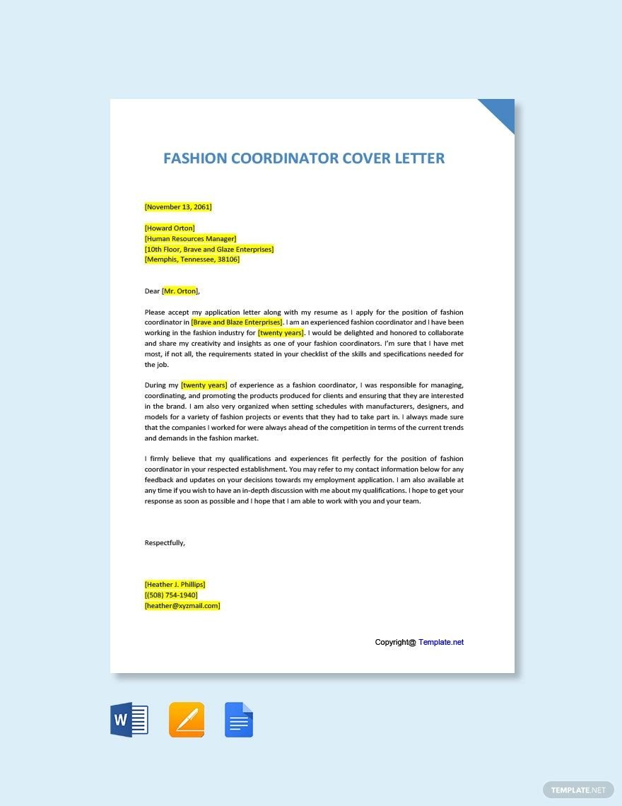 Free Fashion Coordinator Cover Letter Template