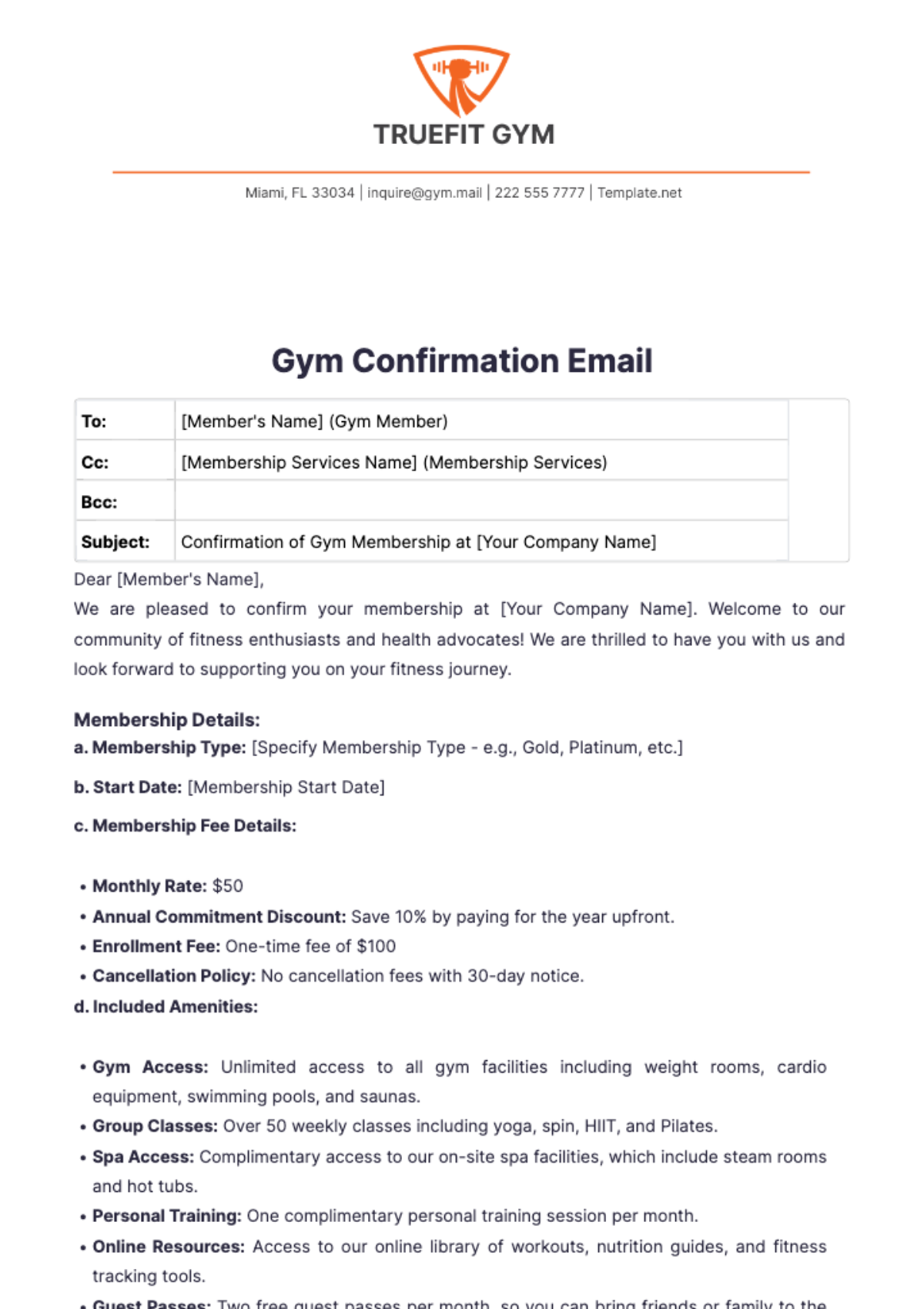 Gym Confirmation Email Template