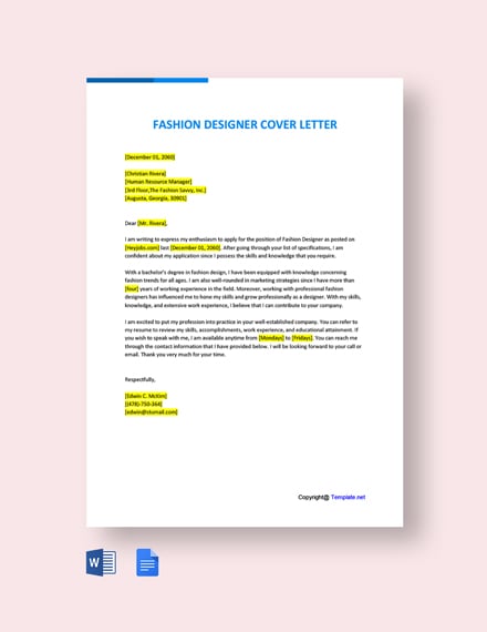 Fashion Designer Cover Letter Template - Google Docs, Word | Template.net