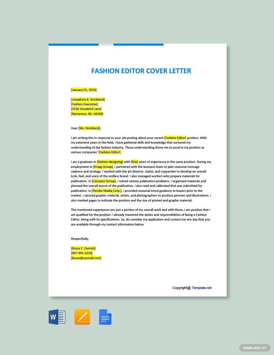 Fashion Editor Cover Letter in Word, Google Docs, PDF, Apple Pages