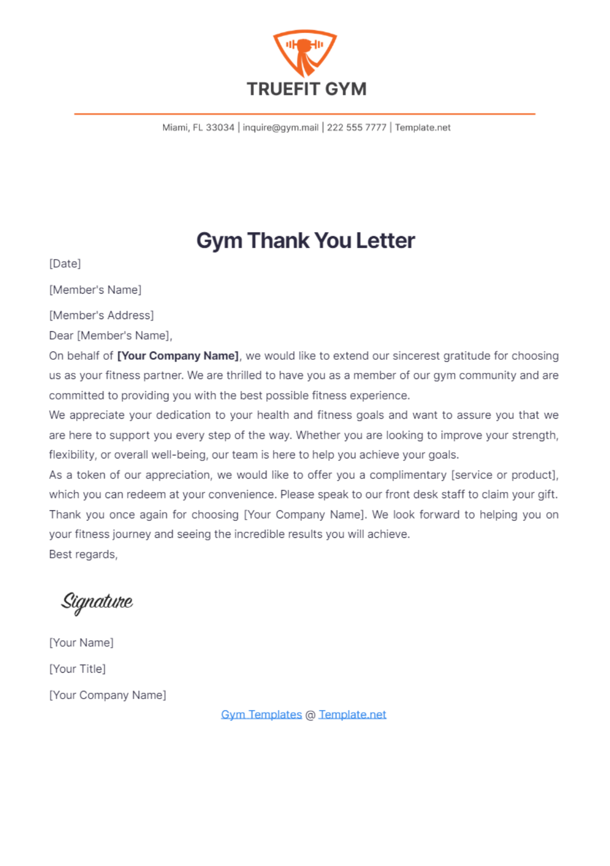 Gym Thank You Letter Template - Edit Online & Download