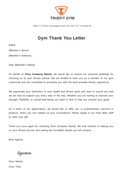 Free Gym Thank You Letter Template to Edit Online
