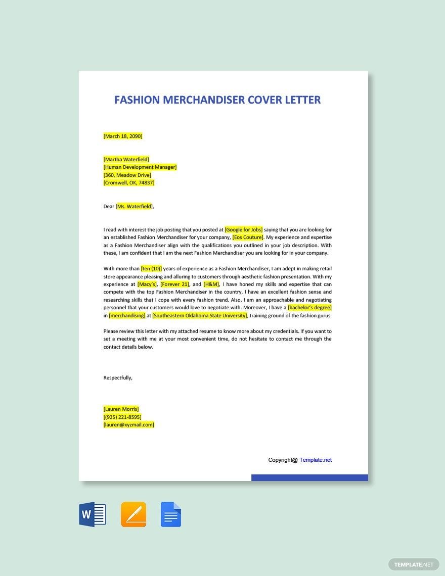 Fashion Merchandiser Cover Letter in Word, Google Docs, PDF, Apple Pages