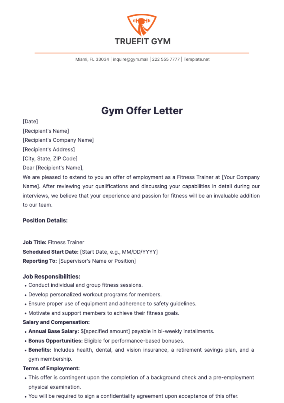 Gym Offer Letter Template - Edit Online & Download