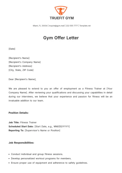 Free Gym Offer Letter Template to Edit Online