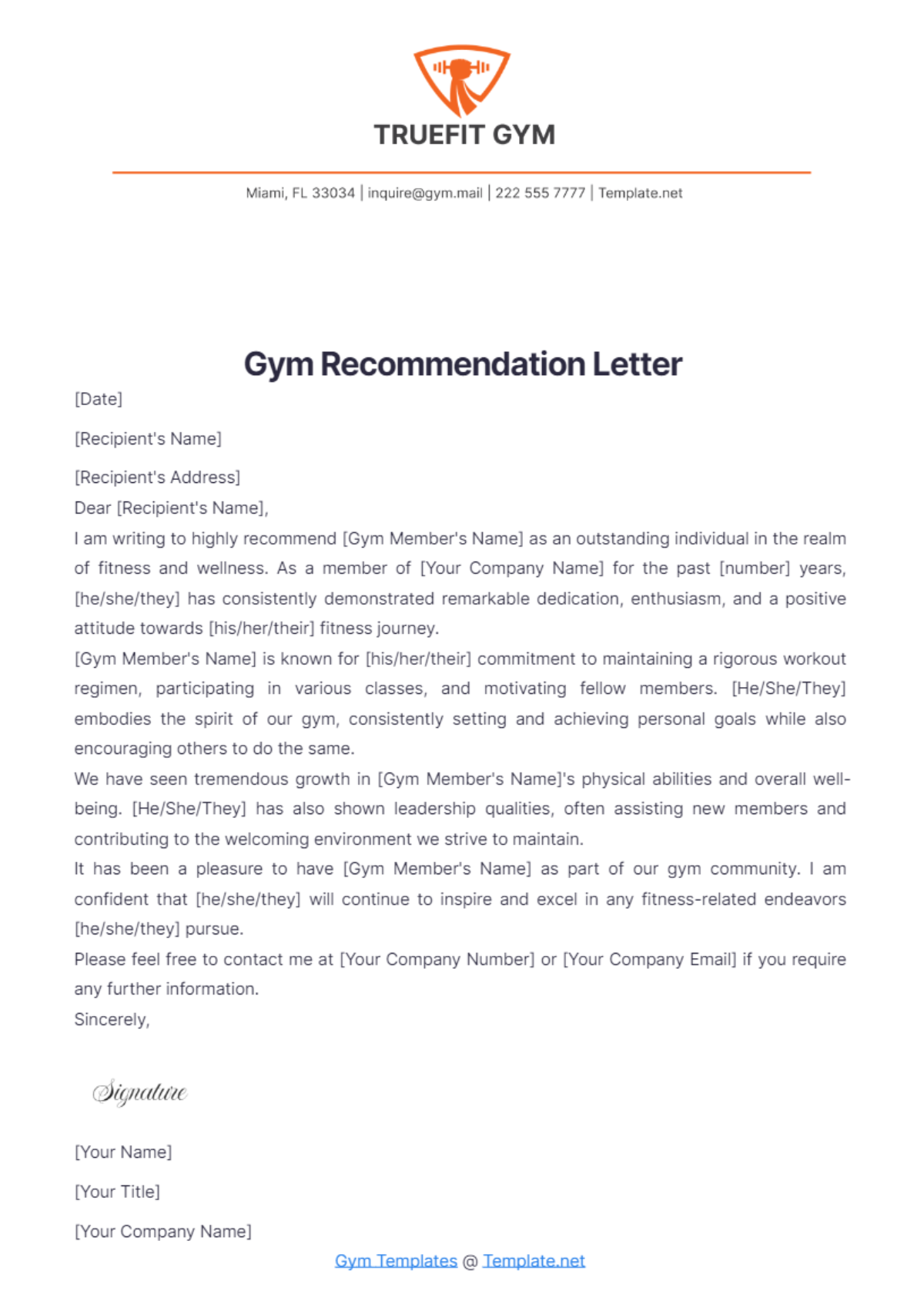 Gym Recommendation Letter Template - Edit Online & Download