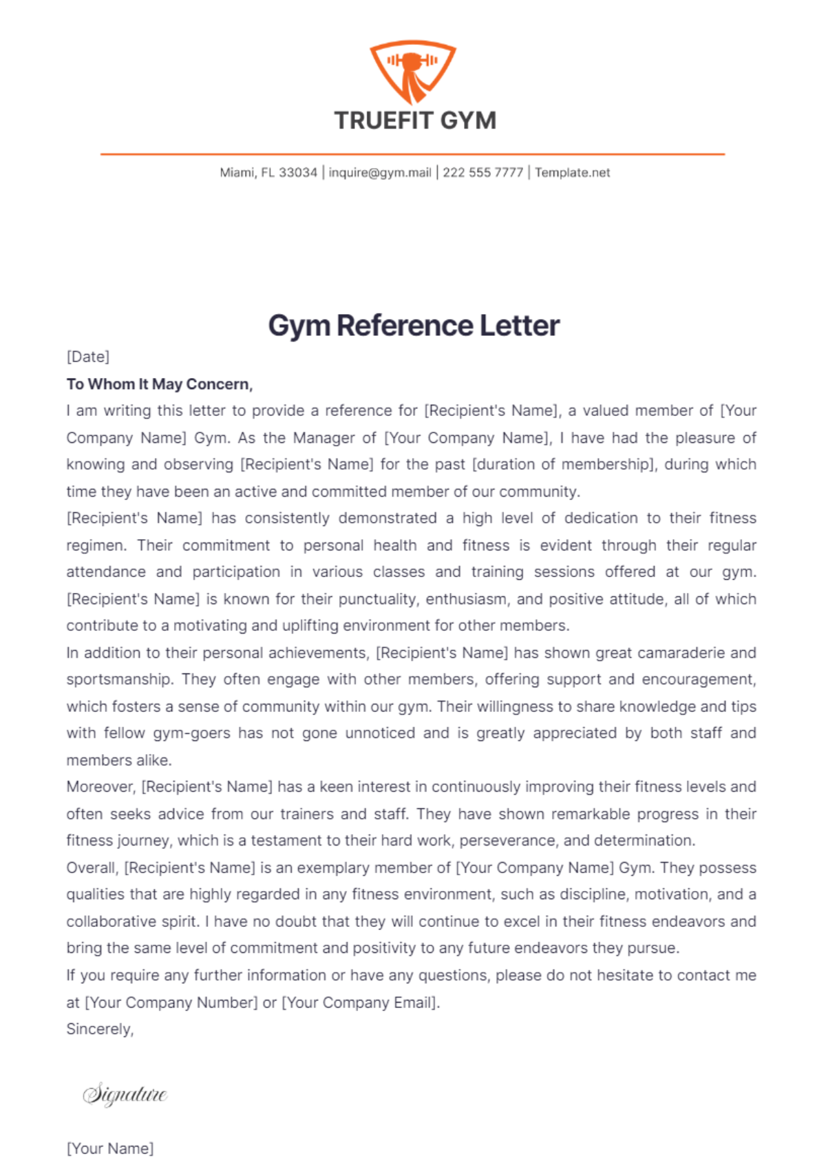 Gym Reference Letter Template - Edit Online & Download