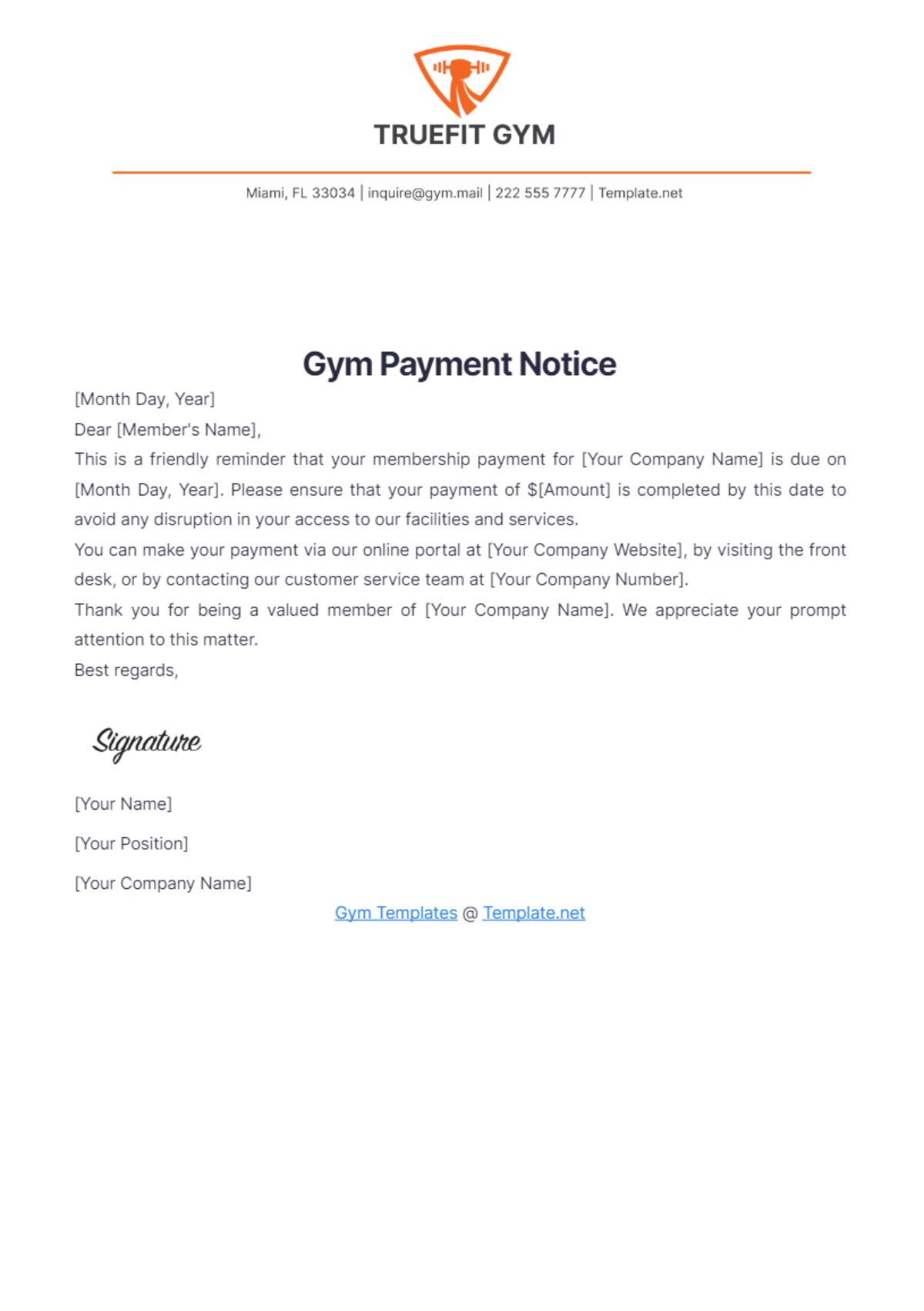 Gym Payment Notice Template - Edit Online & Download