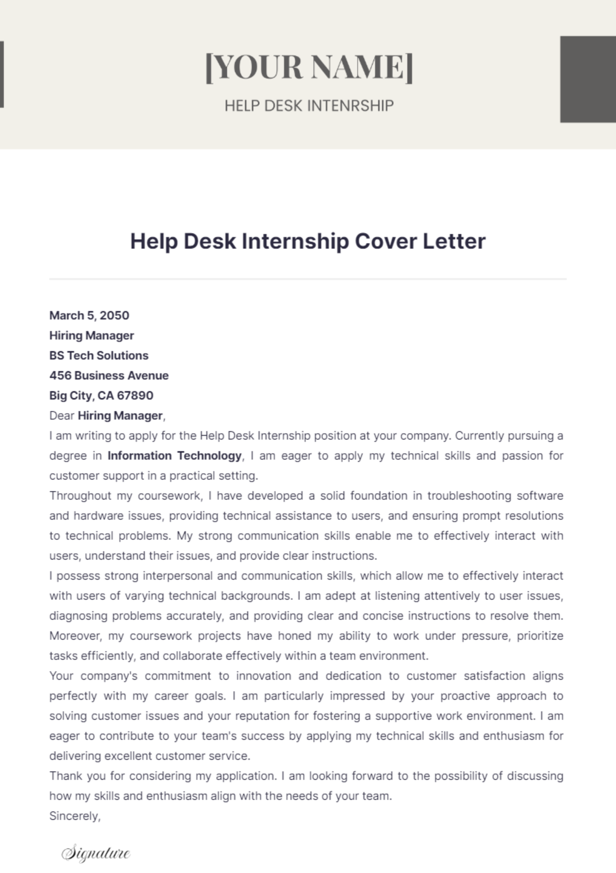 Help Desk Internship Cover Letter - Edit Online & Download