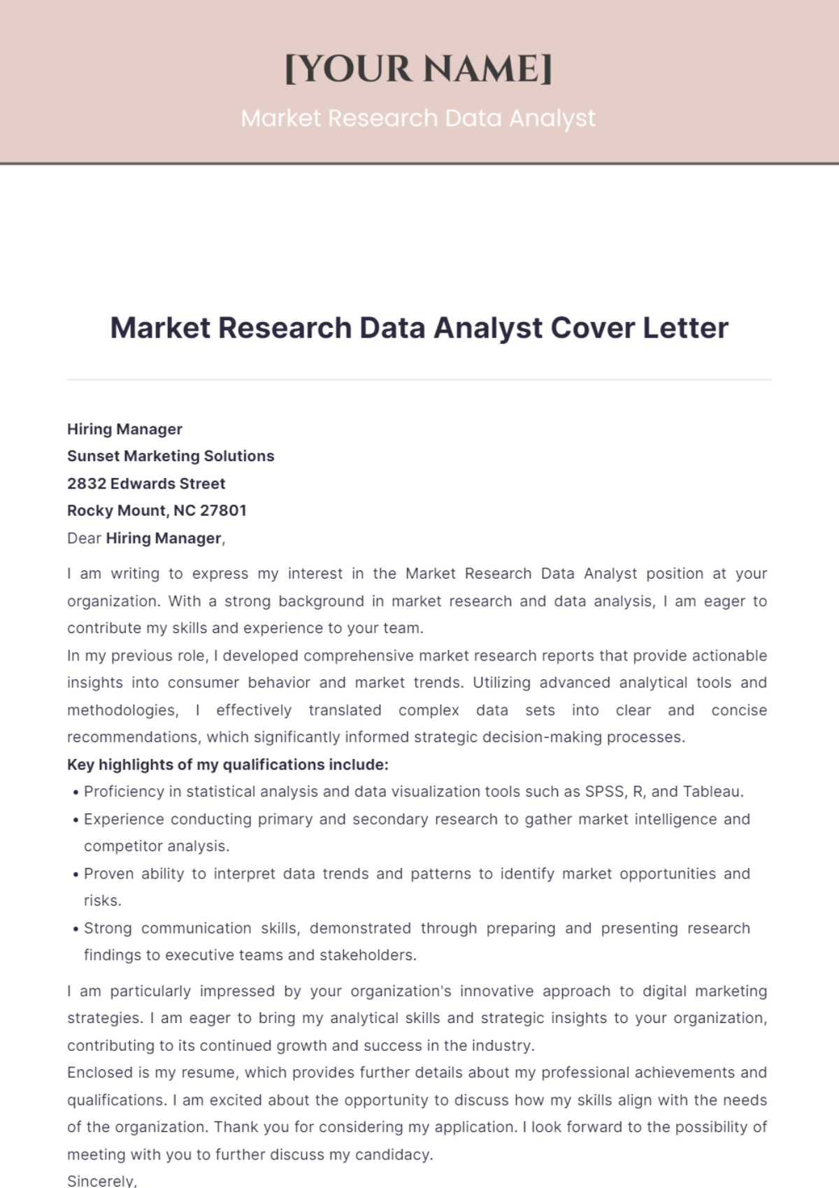    Market Research Data Analyst Cover Letter - Edit Online & Download