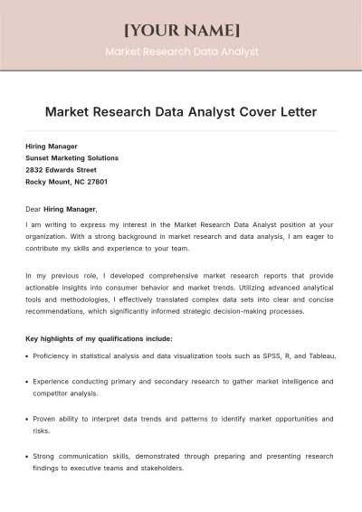 Free Market Research Data Analyst Cover Letter to Edit Online