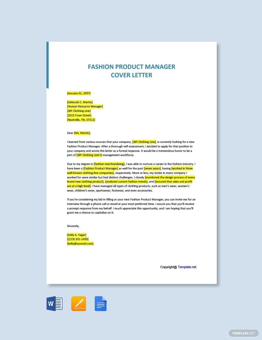 Fashion Product Manager Cover Letter Template