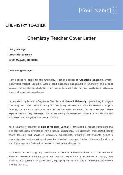 Free Chemistry Teacher Cover Letter to Edit Online