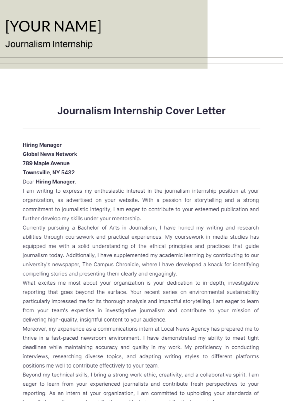 Journalism Internship Cover Letter - Edit Online & Download