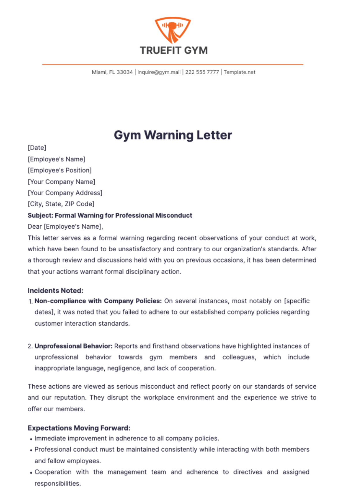 Gym Warning Letter Template - Edit Online & Download