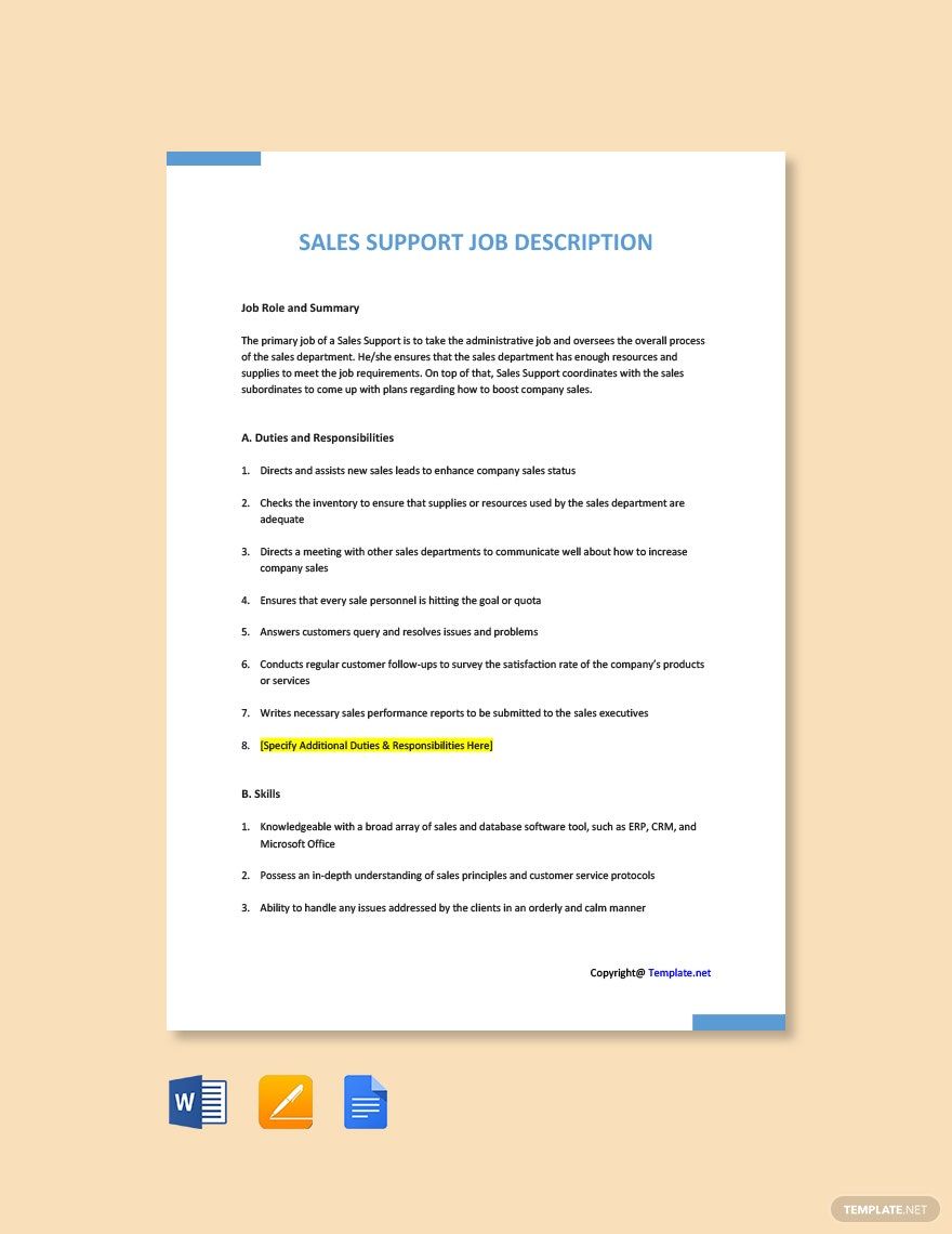 Inside Sales Support Job Description