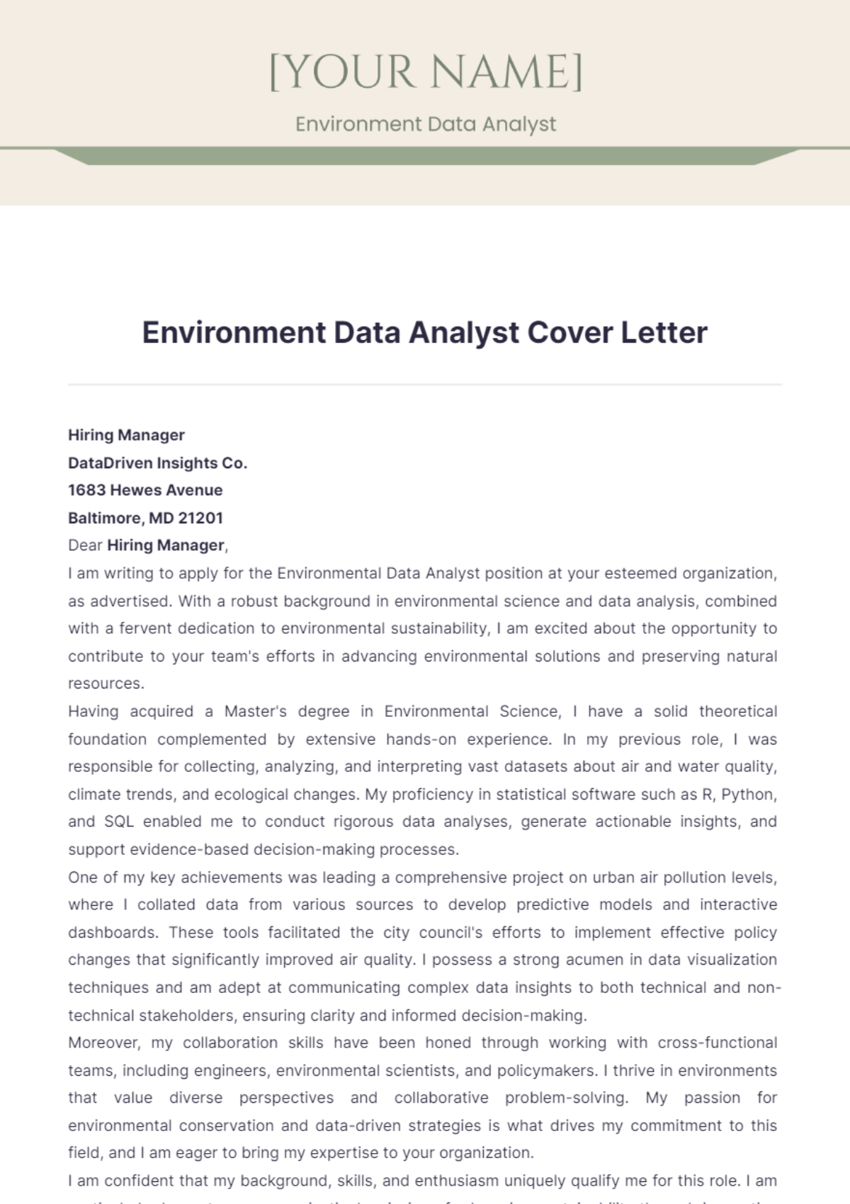 Environment Data Analyst Cover Letter - Edit Online & Download