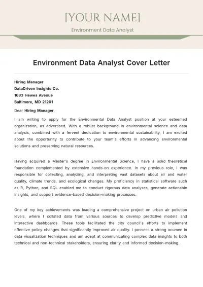 Free Environment Data Analyst Cover Letter to Edit Online