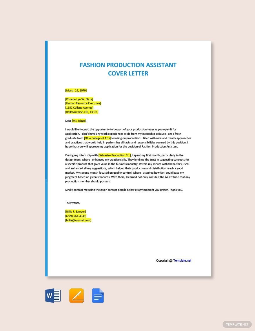 Free Fashion Production Assistant Cover Letter Template