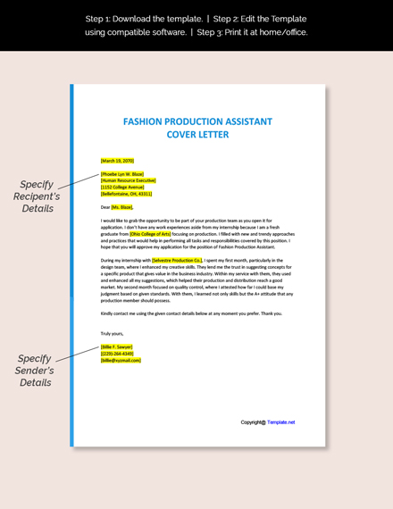 Fashion Production Assistant Cover Letter Template