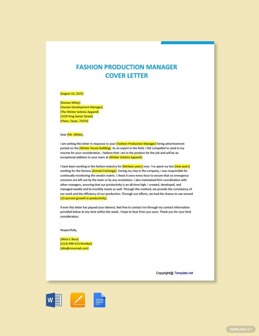 Free Fashion Production Manager Cover Letter Template