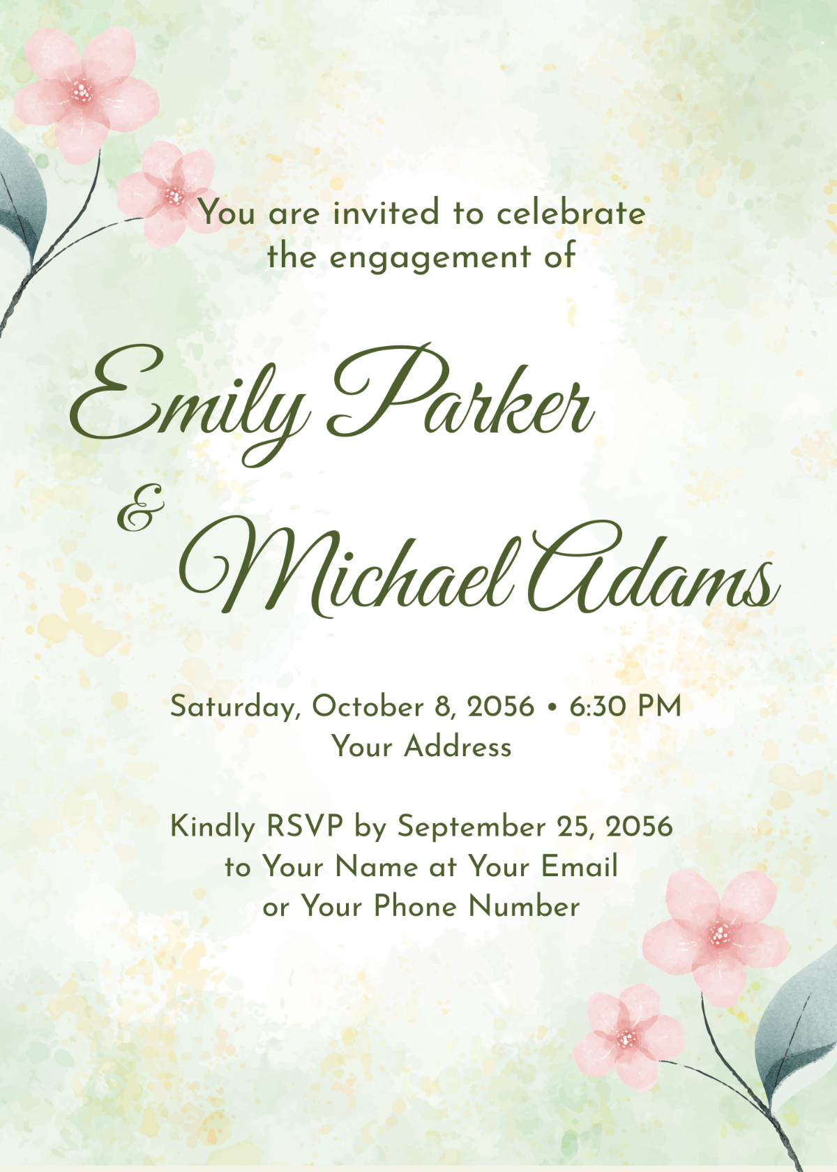 Watercolor Leaves Engagement Party Invitation
