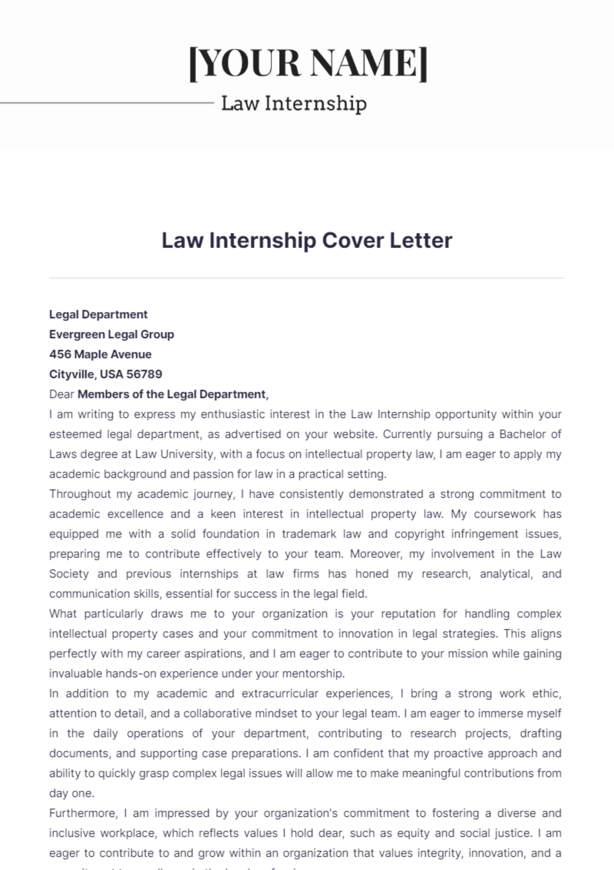 Law Internship Cover Letter - Edit Online & Download