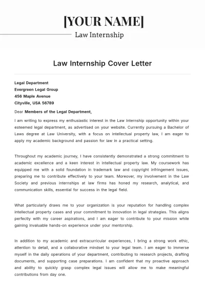 Free Law Internship Cover Letter to Edit Online