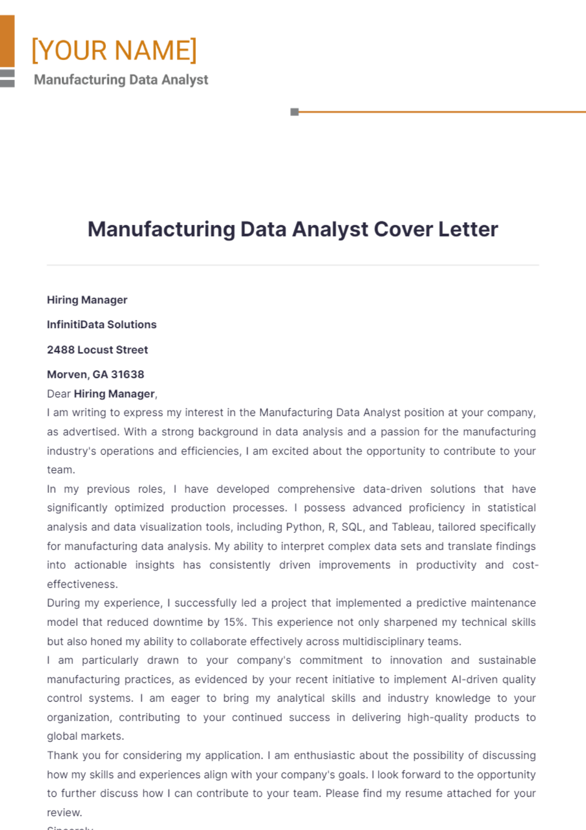 Manufacturing Data Analyst Cover Letter - Edit Online & Download