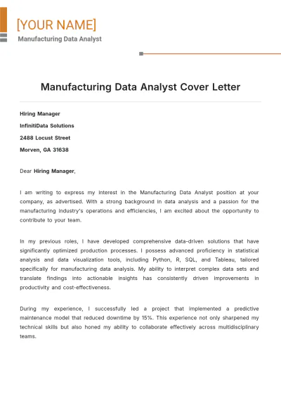 Free Manufacturing Data Analyst Cover Letter to Edit Online