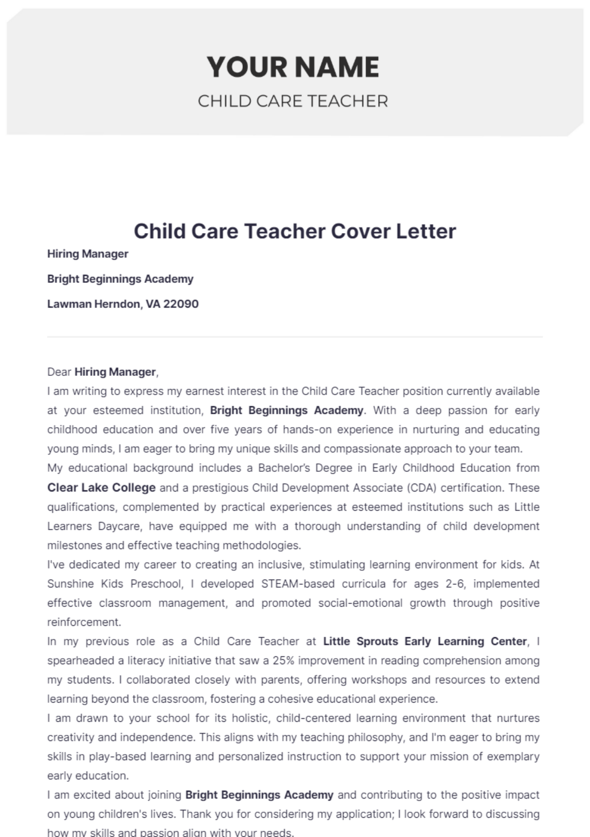 Child Care Teacher Cover Letter