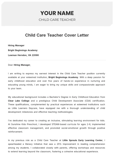 Free Child Care Teacher Cover Letter to Edit Online