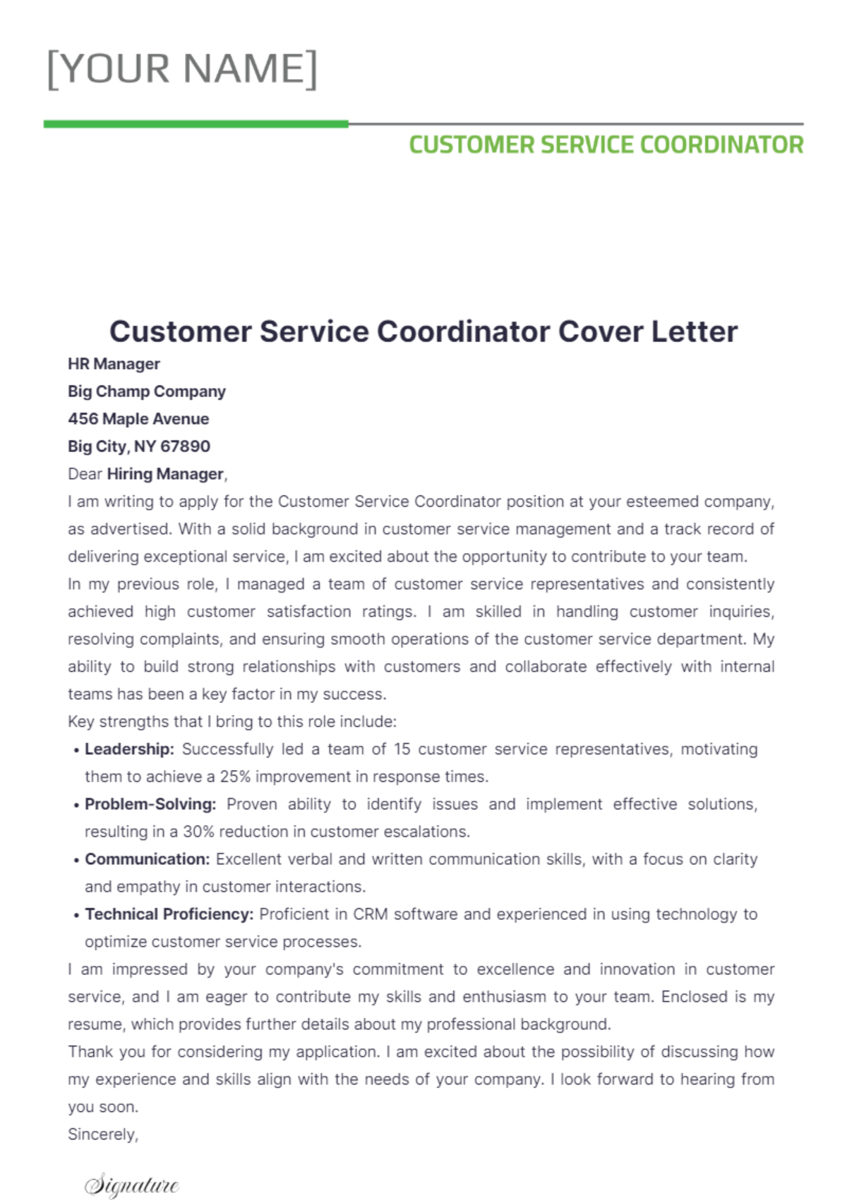 Customer Service Coordinator Cover Letter - Edit Online & Download