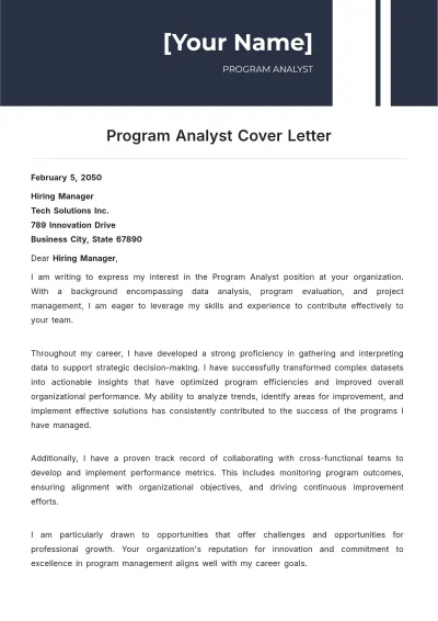 Free Program Analyst Cover Letter to Edit Online
