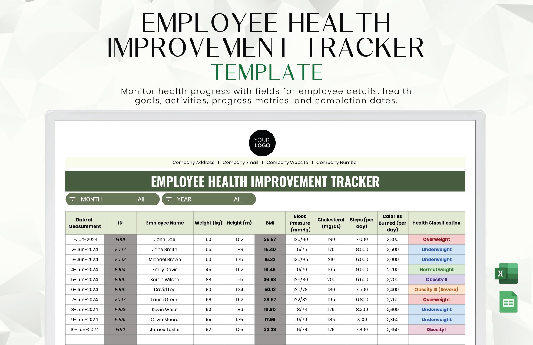 Employee Health Improvement Tracker Template in Excel, Google Sheets