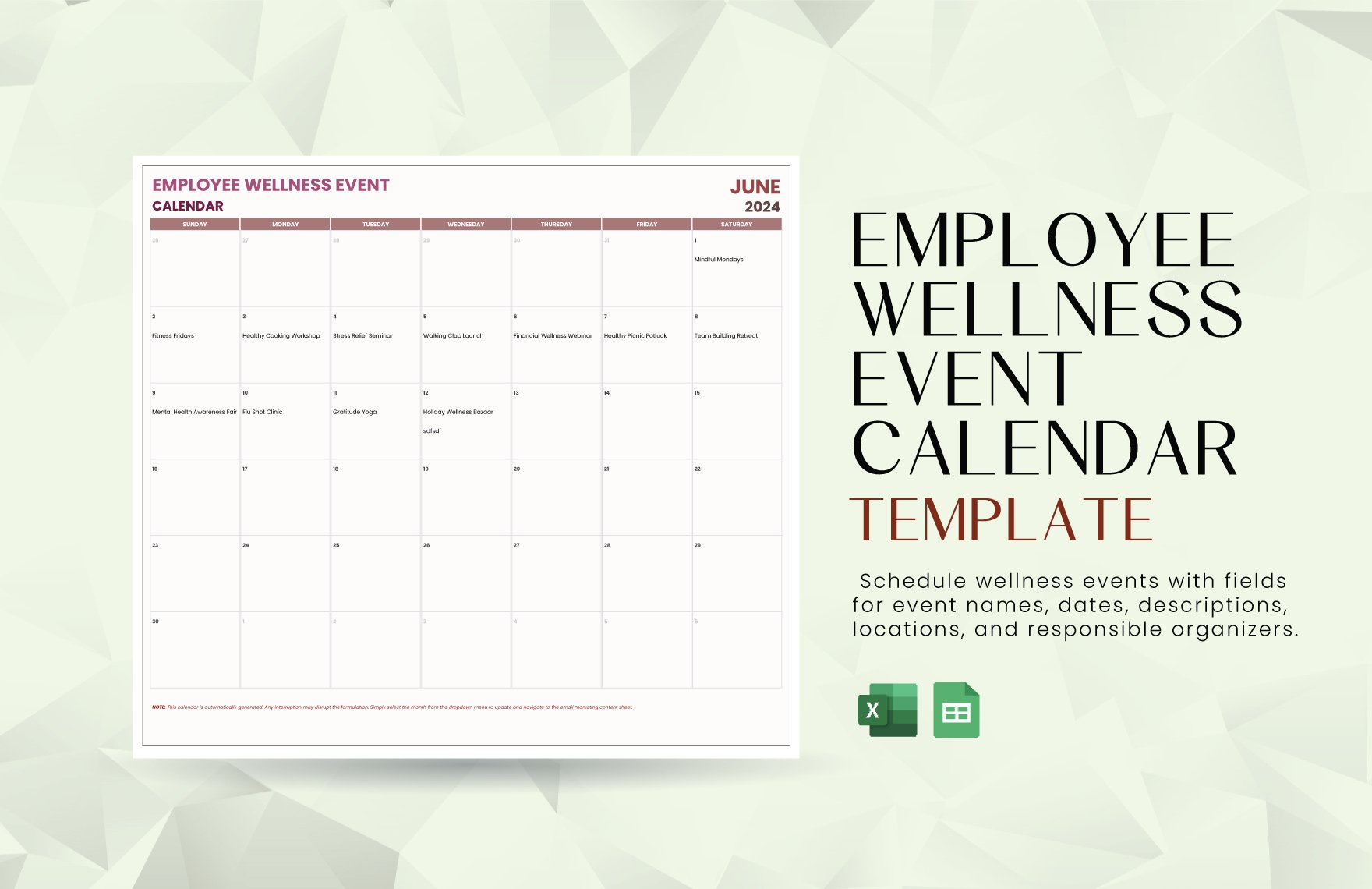 Employee Wellness Event Calendar Template in Excel, Google Sheets
