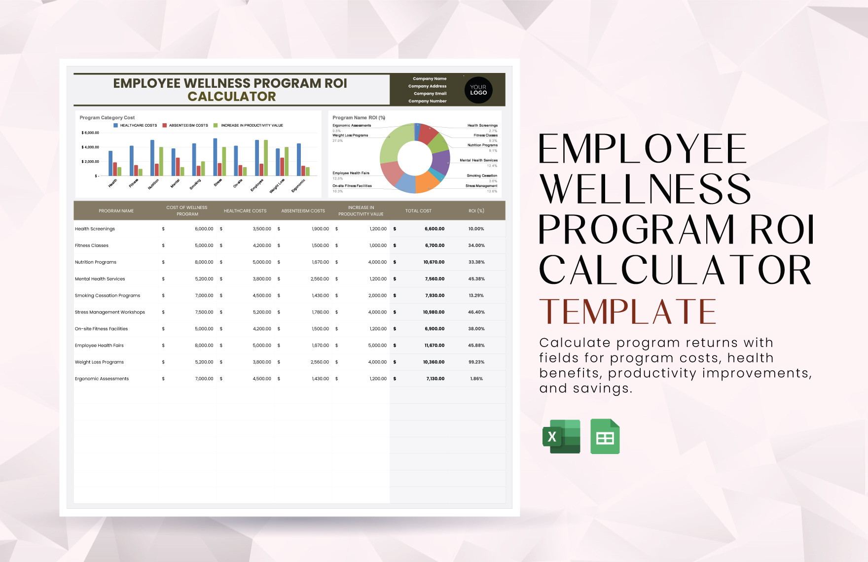 Employee Wellness Program ROI Calculator Template in Excel, Google Sheets