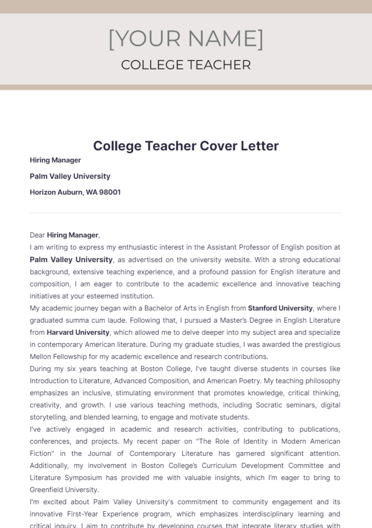 Free College Teacher Cover Letter Template - Edit Online & Download 