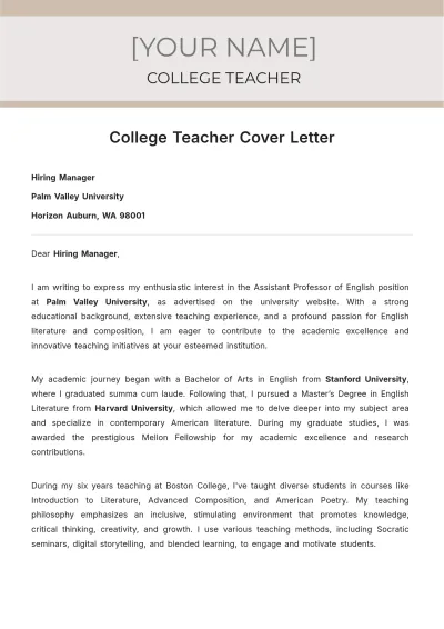 Free College Teacher Cover Letter to Edit Online