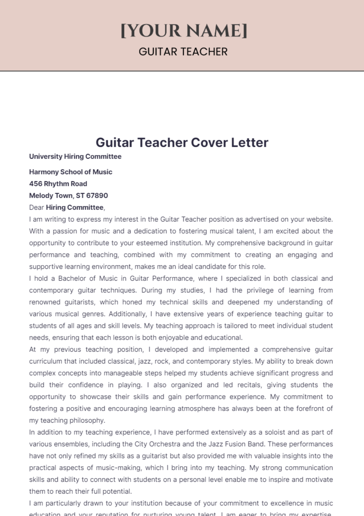 Guitar Teacher Cover Letter - Edit Online & Download