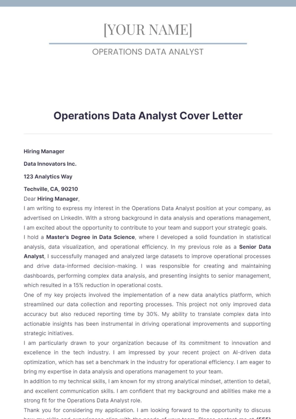 Operations Data Analyst Cover Letter - Edit Online & Download