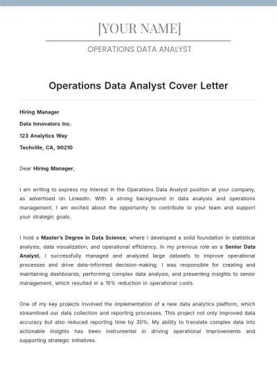 Free Operations Data Analyst Cover Letter to Edit Online