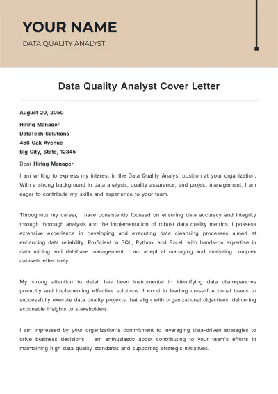 Free Data Quality Analyst Cover Letter to Edit Online