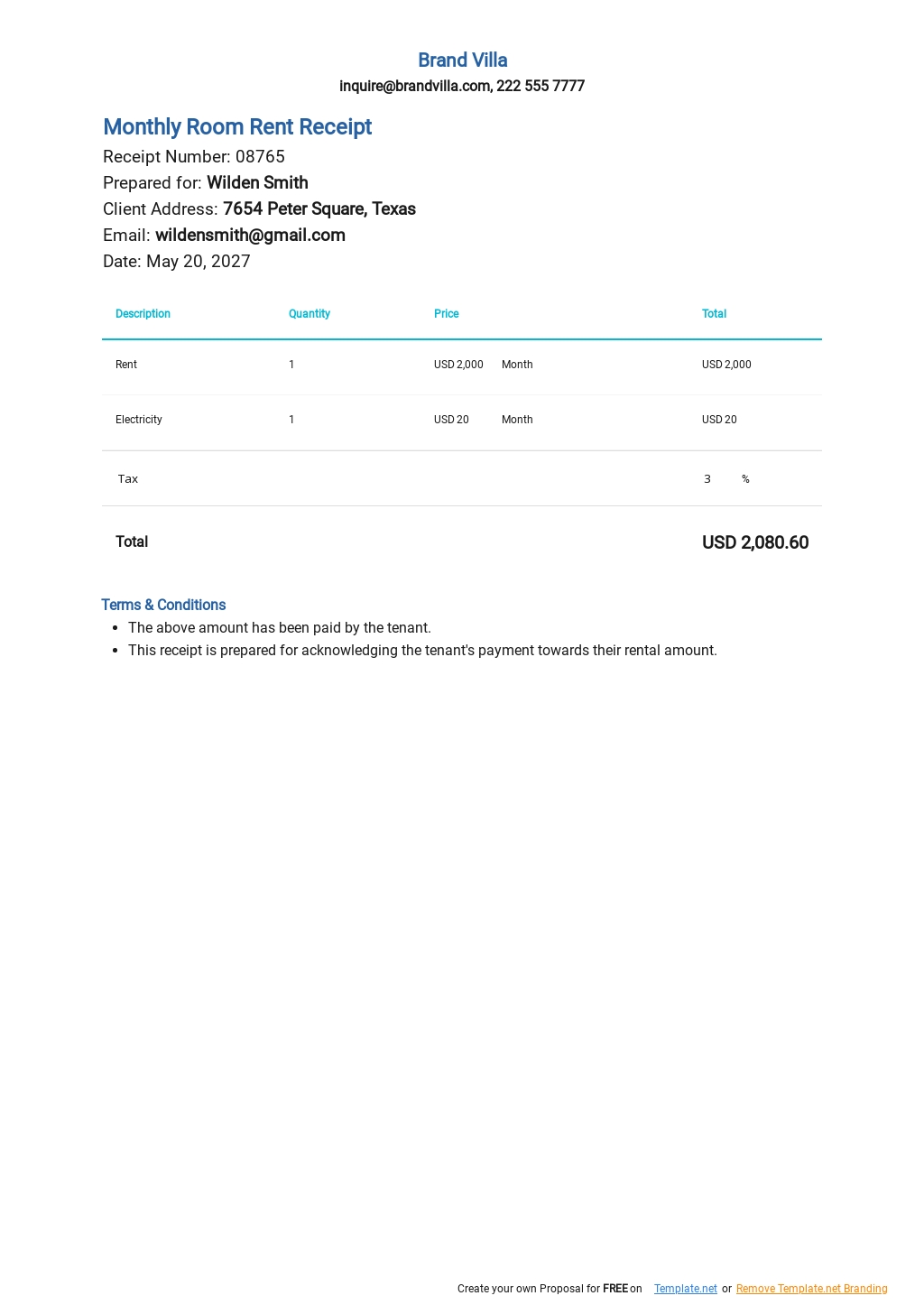 Room Rent Receipt Template In Google Docs Google Sheets Excel Word Template