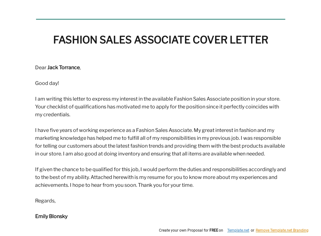 Free Fashion Sales Associate Cover Letter Template.jpe
