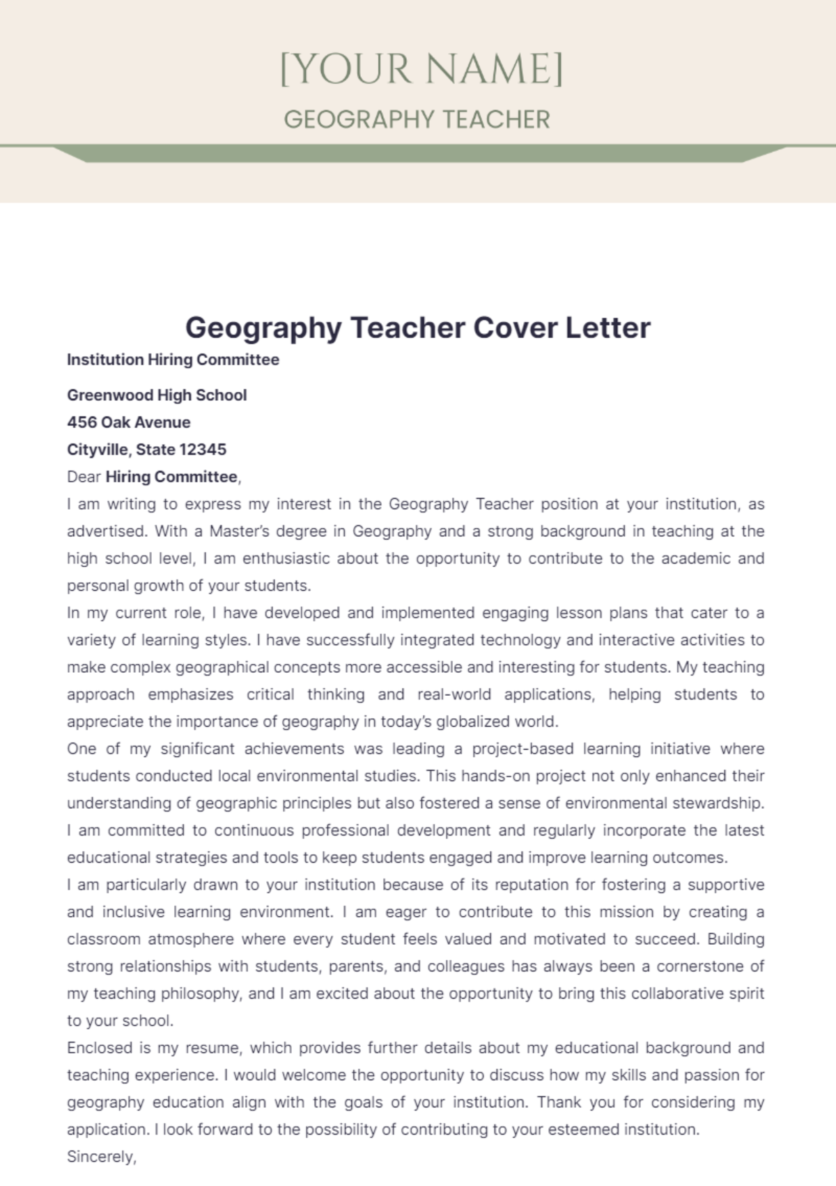 Geography Teacher Cover Letter - Edit Online & Download